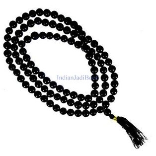 Black Hakik Mala (Length 14.5 Inch) With Gomukhi Jaap Pouch (Weight 34 Gm) by IndianJadiBooti (5.7mm beads)