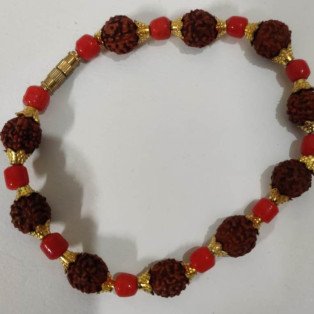 Red Coral With Rudraksh Bracelet (beads size 8.1mm) (Diameter: 7 Cm) by IndianJadiBooti 